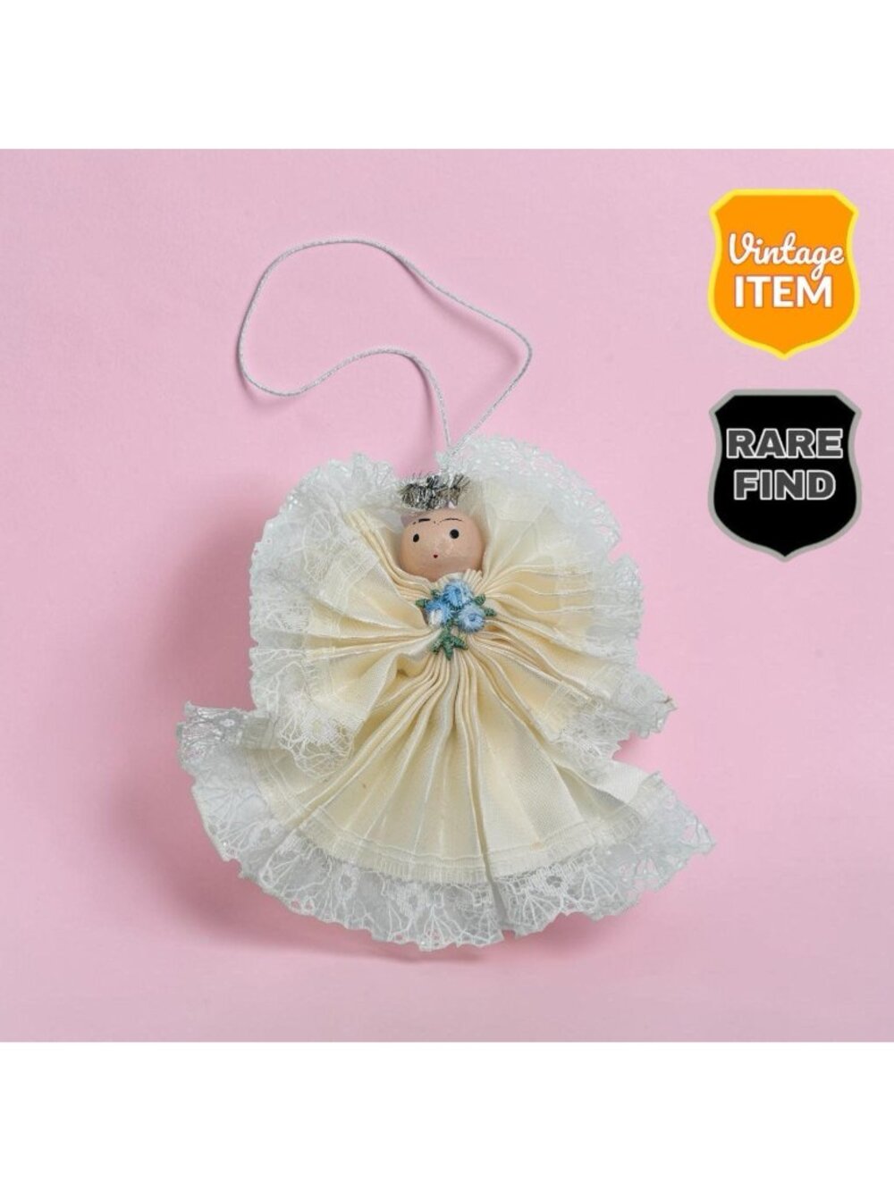 Vintage White Folded Ribbon Angel With Wooden Head Xmas Christmas Ornament RARE!